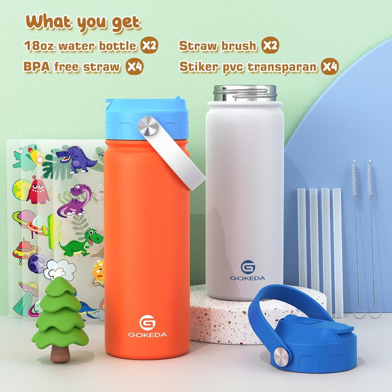 GOKEDA 18oz Kids Water Bottle, 2 Pack Insulated Bottles with Stickers, 18/8 Stainless Steel Vacuum Leak Proof Straw Cup for School, Gifts for Boys Girls(White+Orange) - Image 3
